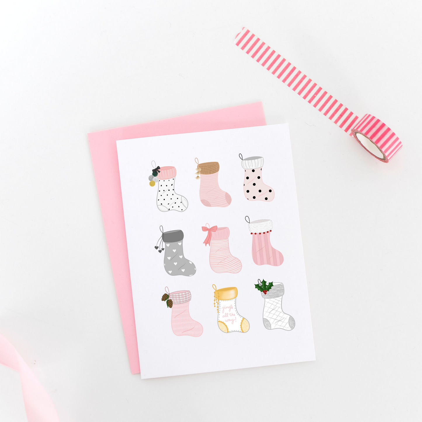 Pink Christmas Stockings Greeting Card