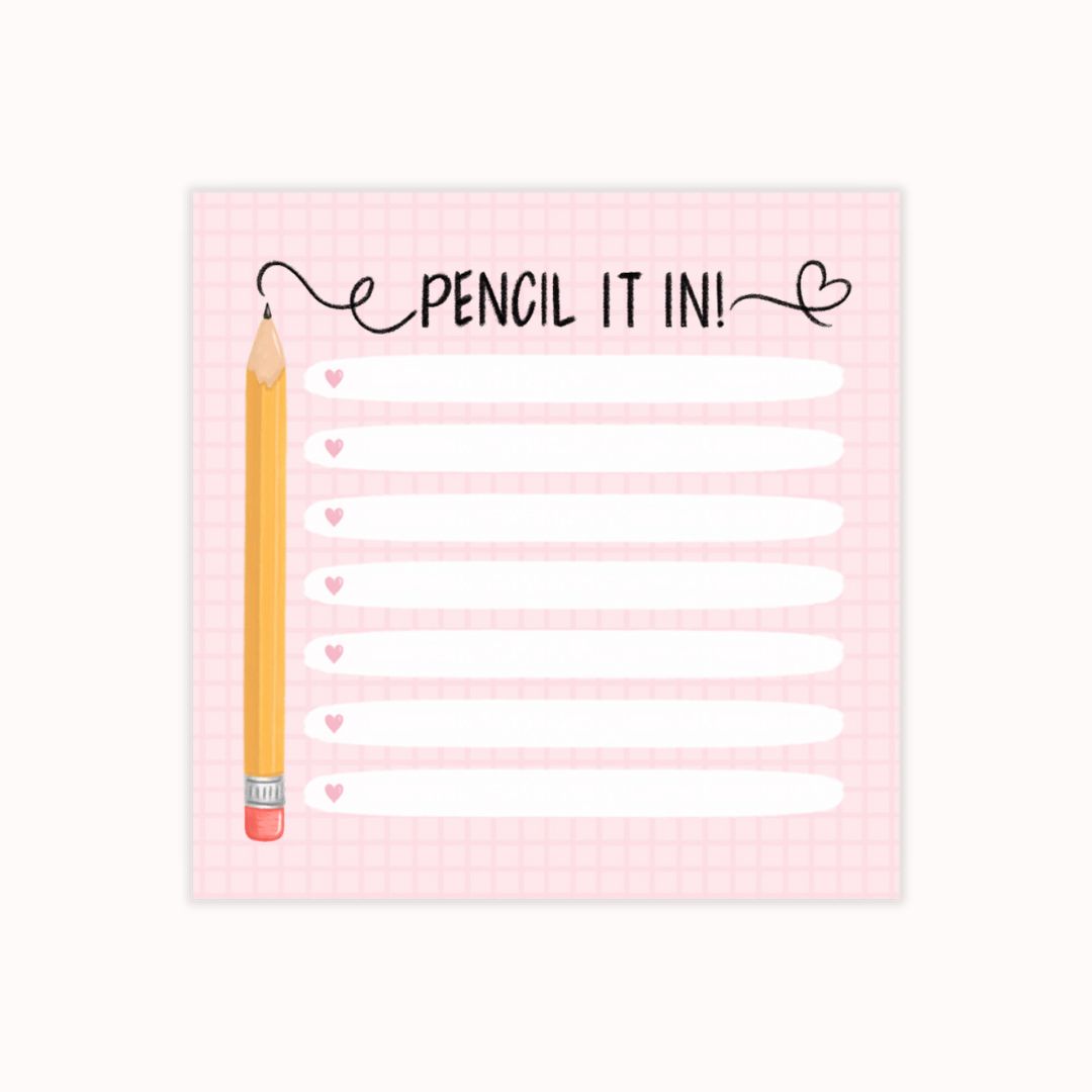 Hand-illustrated pink sticky notepad with a pencil design on a checkered background, featuring rows of lines for writing, labeled 'Pencil It In.