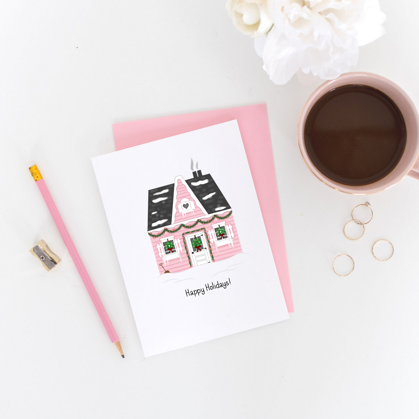 Pink Holiday House Greeting Card