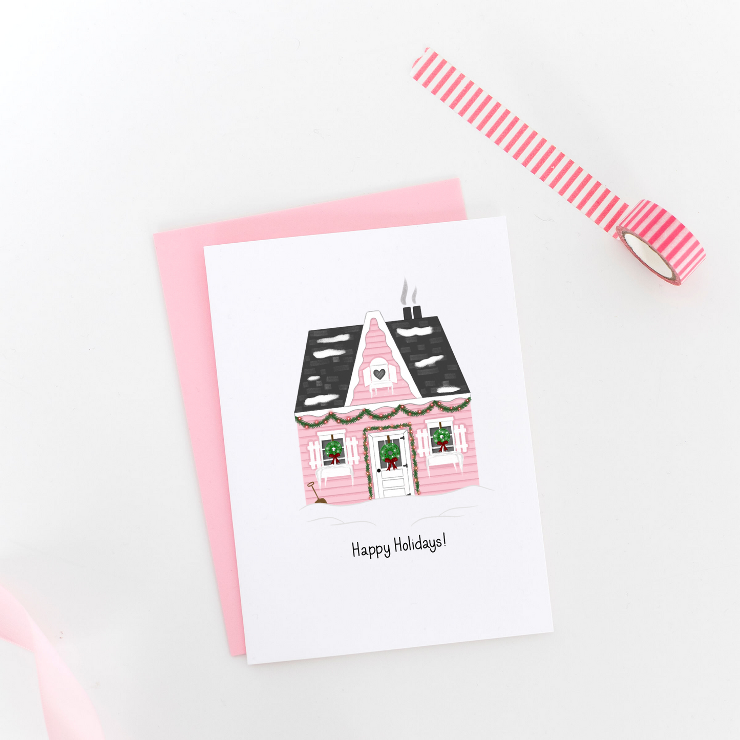 Pink Holiday House Greeting Card